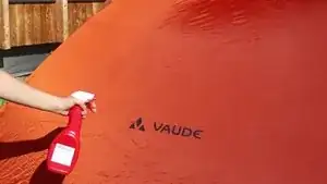 Set up your tent in a dry place. Spray the outside of the tent with water from your spray bottle – enough to make it damp.