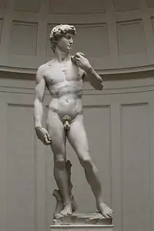 David; by Michelangelo; 1501–1504; marble; 517 cm × 199 cm; Galleria dell'Accademia (Florence)