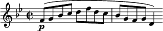\relative c' { \clef treble \key bes \major \time 2/2 \set Staff.midiInstrument = #"flute" f8(\p g bes c d f d c | bes g f g d4) } \midi{\tempo 4 = 190}