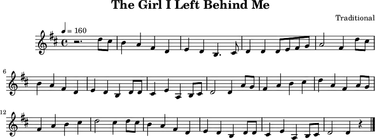 \header {
title = "The Girl I Left Behind Me"
composer = "Traditional"
tagline = ##f
}
\language "deutsch"
\score {
\midi { }
\layout { }
\relative {
\clef "treble"
\time 4/4
\tempo 4 = 160
\key d \major
r2. d''8 cis h4 a fis d e d h4.
cis8 d4 d d8 e fis g a2 fis4
d'8 cis h4 a fis d e d h
d8 d cis4 e a, h8 cis d2 d4
a'8 g fis4 a h cis d a fis
a8 g fis4 a h cis d2 cis4
d8 cis h4 a fis d e d h
d8 d cis4 e a, h8 cis d2 d4 r \bar "|."
}
}
