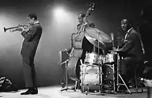 The Jazz Messengers in 1960. From left: Lee Morgan, Jymie Merritt, and Art Blakey