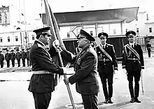 Vladimir Govorov presenting the banner of the regiment to the commander of 154th ICR on 29 June 1980.