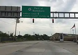 View southeast along Broening Highway featuring sign for Dundalk Marine Terminal, Baltimore