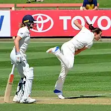Schutt bowling at the Women's Ashes Test, 2017