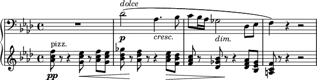 { \new PianoStaff <<
\new Staff \relative des' { \set Staff.midiInstrument = #"piano" \key aes \major \clef bass \time 4/4 \set Score.tempoHideNote = ##t \tempo 4 = 54
R1 | % 2
des2 \p ^\markup{ \italic {dolce} } ( as4. _\markup{
\italic
{cresc.}
} bes8 | % 3
c8 bes16 as16 ges2 _\markup{ \italic {dim.} } des8 es8 | % 4
f4 ) r4 r2
}
\new Staff \relative as' { \set Staff.midiInstrument = #"piano" \key aes \major \clef treble \time 4/4
<as c f>8 \pp ^"pizz." r8 r4 <g c es>8 \< r8 <as c f>8 <g c es>8 | % 2
<bes des ges>8 r8 \! <as des f>8 r8 r4 <as c es>8 \> <f bes des>8 | % 3
<f as c>8 r8 <des ges bes>8 r8 \! r4 <des f as>8 <bes es ges>8 | % 4
<a c f>8 r8 r4 r2 }
>> }