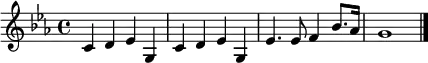 \relative c' {
\key c \minor
\time 4/4
c d es g, % parentheses create slurs
c d es g,
es'4. es8 f4 bes8. as16
g1
\bar "|."
}