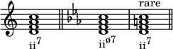 {
\override Score.TimeSignature #'stencil = ##f
\relative c' {
\clef treble
\time 4/4
\key c \major
<d f a c>1_\markup { \concat { "ii" \raise #1 \small "7" } } \bar "||"
\clef treble
\time 4/4
\key c \minor
<d f aes c>1_\markup { \concat { "ii" \raise #1 \small "ø7" } }
<d f a c>^\markup { "rare" }_\markup { \concat { "ii" \raise #1 \small "7" } } \bar "||"
} }