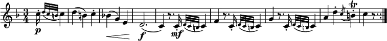 { \relative c'' { \key f \major \time 3/4
\partial 16 * 5 c16-. \p \appoggiatura { d32 c b } c4 | d4( b) c-. | bes!4( \< g) e |
d2.( \f | c4) r8. c16-. \mf \appoggiatura { d32 c b } c4 |
f4 r8. c16-. \appoggiatura { d32 c b } c4 | g'4 r8. c,16-. \appoggiatura { d32 c b } c4 |
a'4 d-. \acciaccatura c8 b4-. \trill | c4 r8. \bar ":|."}}
\layout { \context {\Score \override SpacingSpanner.common-shortest-duration = #(ly:make-moment 1/4) }}