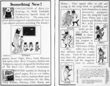 Two page spread advertisement showing examples of the black cat drawings advertised for sale