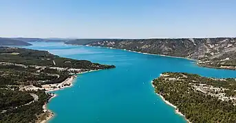 The Lake of Sainte-Croix seen from the outlet of the Verdon Gorge