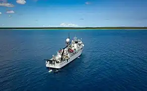 Aerial view of the mothership and the submersible during the Bahama trials
