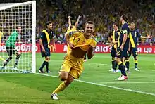 Andriy Shevchenko celebrates goal at the Euro2012 match against Sweden