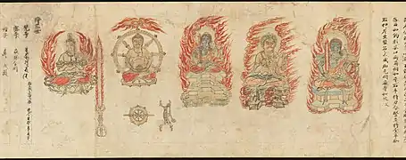 Depictions of Fudō Myōō, the "Immovable King of Wisdom," in the esoteric encyclopedia Zuzō shō (12th century). He is the fierce aspect of Dainichi and head of the Five Great Kings of Wisdom (Godai Myōō), wrathful deities who were incorporated into Japanese esoteric Buddhism. The mandorla of flames represents the extinction of human passions. The vajra sword is a symbol that cuts off ignorance.