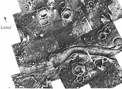 Ares Vallis, as seen by Viking. The channel is 25 km wide and about 1 km deep.