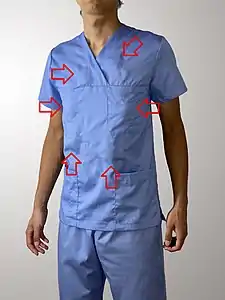 The stunt piece for the gunshot scene with 6x embedded squibs, each containing 15 g of fake blood showing a minor bulge on the fabric.