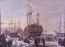 Dansk eskadre udises af Københavns havn før afsejling til Algier, 1770.
