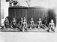 The Bedoyo dancers at the Susuhunan Palace Solo, Surakarta, between 1910 and 1930.