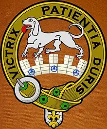Carter of Castle Martin crest badge on Irish saffronMotto: Patience is victorious in hardship