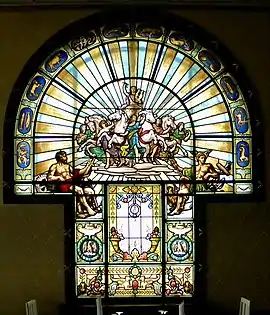 Spectacular stained glass window with an Ancient Greek mythological theme in the Assan House, Bucharest, by Ion D. Berindey, 1914