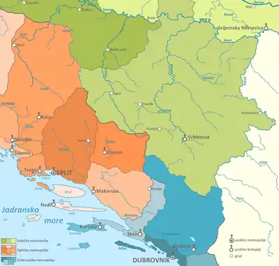 Color-coded map of 15th-century Bosnia and Dalmatia