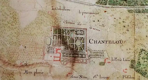 Detail from a plan of 1761 (north to the left), showing the French formal gardens (Bibliothèque Municipale, Tours)