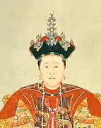 Detail of Empress Xiaozhuangwen's official portrait showing her chaoguan (朝冠) with kingfisher feather inlay