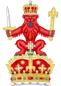 Crest of the royal arms of Scotland (1837), a lion sejant affrontée Gules, imperially crowned Or, holding in the dexter paw a sword and in the sinister paw a scepter both erect and Proper.