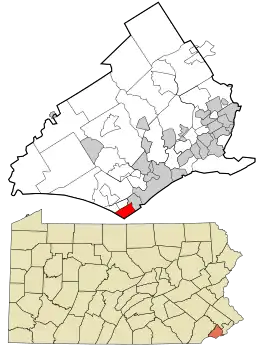 Location of Marcus Hook in Delaware County, Pennsylvania (top) and of Delaware County in Pennsylvania (below)