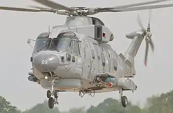 An AgustaWestland Merlin HM1 of 814 NAS seen arriving in 'tiger' stripes at the 2005 Royal International Air Tattoo.