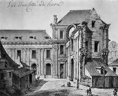 View of the east side with the first bay of the North Wing, 18th-century watercolor by Hugues Taraval