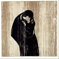 Kiss IV, 1902, woodcut print on wood, .mw-parser-output .frac{white-space:nowrap}.mw-parser-output .frac .num,.mw-parser-output .frac .den{font-size:80%;line-height:0;vertical-align:super}.mw-parser-output .frac .den{vertical-align:sub}.mw-parser-output .sr-only{border:0;clip:rect(0,0,0,0);clip-path:polygon(0px 0px,0px 0px,0px 0px);height:1px;margin:-1px;overflow:hidden;padding:0;position:absolute;width:1px}47 cm × 47 cm (18+1⁄2 in × 18+1⁄2 in), Munch Museum, Oslo