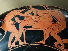 Image 2Erotic scene. Rim of an Attic red-figure kylix, c. 510 BC., ancient Greece