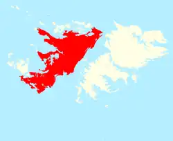 Location of West Falkland (red)in the Falkland Islands (red & white)