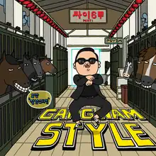 An drawing of a horse stable, with Psy performing a dance. The song's title is read in the floor with the album's title (Reading: "Psy 6 (Six Rules), Part 1" in Korean) on a sign on ceiling and the artist on the top right wall. A speech bubble is seen on the first horse on the left saying "Oppan'Gangnam Style'" in Korean.