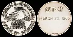 Gemini 3 mission emblem and crew names (front). Flight date (back)