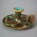 Candle holder, coloured and mottled glazes, c. 1870, Naturalistic style.
