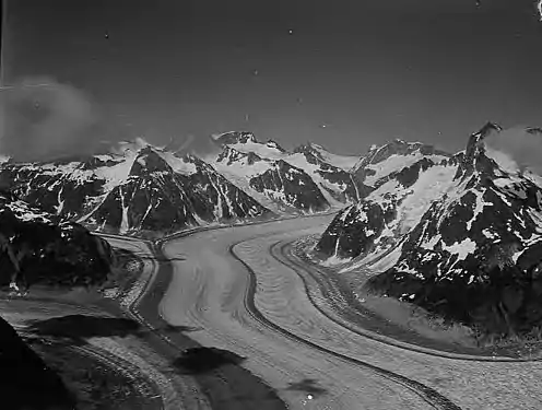 Gilkey Glacier, Mt. Blachnitzky to right, Mt. Queena centered. Circa 1955