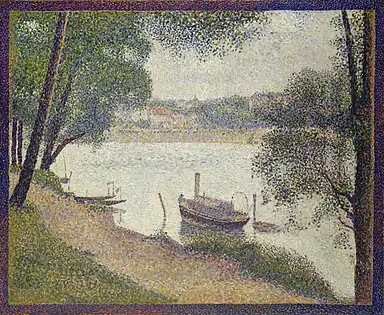Georges Seurat, Gray Weather, Grande Jatte (1888, 71 × 66 cm, oil on canvas, Metropolitan Museum of Art). In a similar manner to the van Ruisdael piece, the tree that takes up the entire right edge of this work is an example of repoussoir.