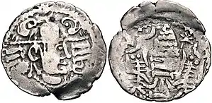 Coin of the Chavada dynasty, circa 570-712 CE. Crowned Sasanian-style bust right / Fire altar with ribbons and attendants; star and crescent flanking flames. of Chavda dynasty