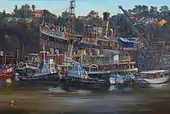 'Hail Hail the Gang’s All Here - Sydney Heritage Fleet at Rozelle', 2013, oil on canvas, 122 x 183 cm, © Jane Bennett