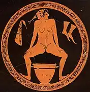 Greek hetaera urinates into skyphos (c. 480 BCE)