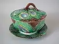 J.R.L. John Roth of London Pot and cover, coloured glazes majolica, c.1880, begonia leaf design.