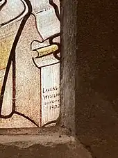 Lavers and Westlake signature from a window in Cht Church, Reading dating from 1902. Yellow background, brown text