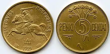 Lithuanian coin of 5 cents with Vytis (Waykimas) and the Columns of Gediminas, 1925.