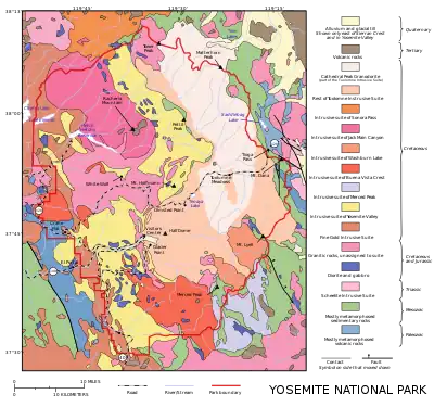 Image 4Cathedral Peak GranodioriteMap: Grandiose, based on a map by the United States Geological SurveyA geological map of Yosemite National Park (full size), showing the Cathedral Peak Granodiorite, the largest unit in the Tuolumne Intrusive Suite, which in turn is the largest granitic suite in the park. Cathedral Peak Granodiorite Rest of the Tuolumne Intrusive SuiteMore selected pictures