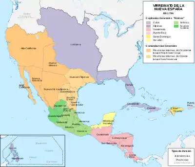 Viceroyalty of New Spain in 1794, with the Captaincy General of Cuba shown in purple