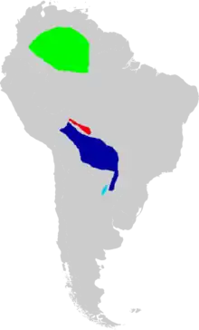Map of South America marked green in southeastern Colombia, southern Venezuela, and northwestern Brazil; red in a narrow strip in northeastern Bolivia; dark blue in much of eastern Bolivia, much of Paraguay, and nearby Brazil; and light blue in a small area in northeastern Argentina.