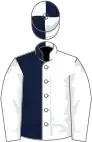 White and dark blue (halved), white sleeves, quartered cap