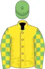 Yellow, yellow and light green check sleeves, light green cap
