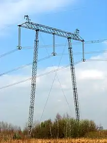 pole-through 750 kV line from the Ukrainian nuclear power plant Khmelnitsky station 750/400 kV Widełka near Kolbuszowa. The photograph was taken near the intersection line with the national road DK19 in Nienadówce, at its border with Stobierna and Medynia Głogowska.